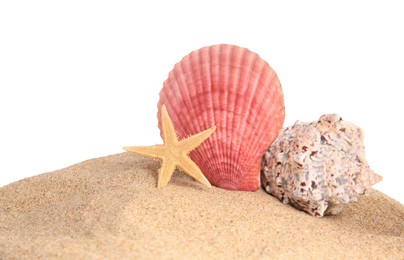 Photo of Sand with beautiful sea star and seashells isolated on white, space for text