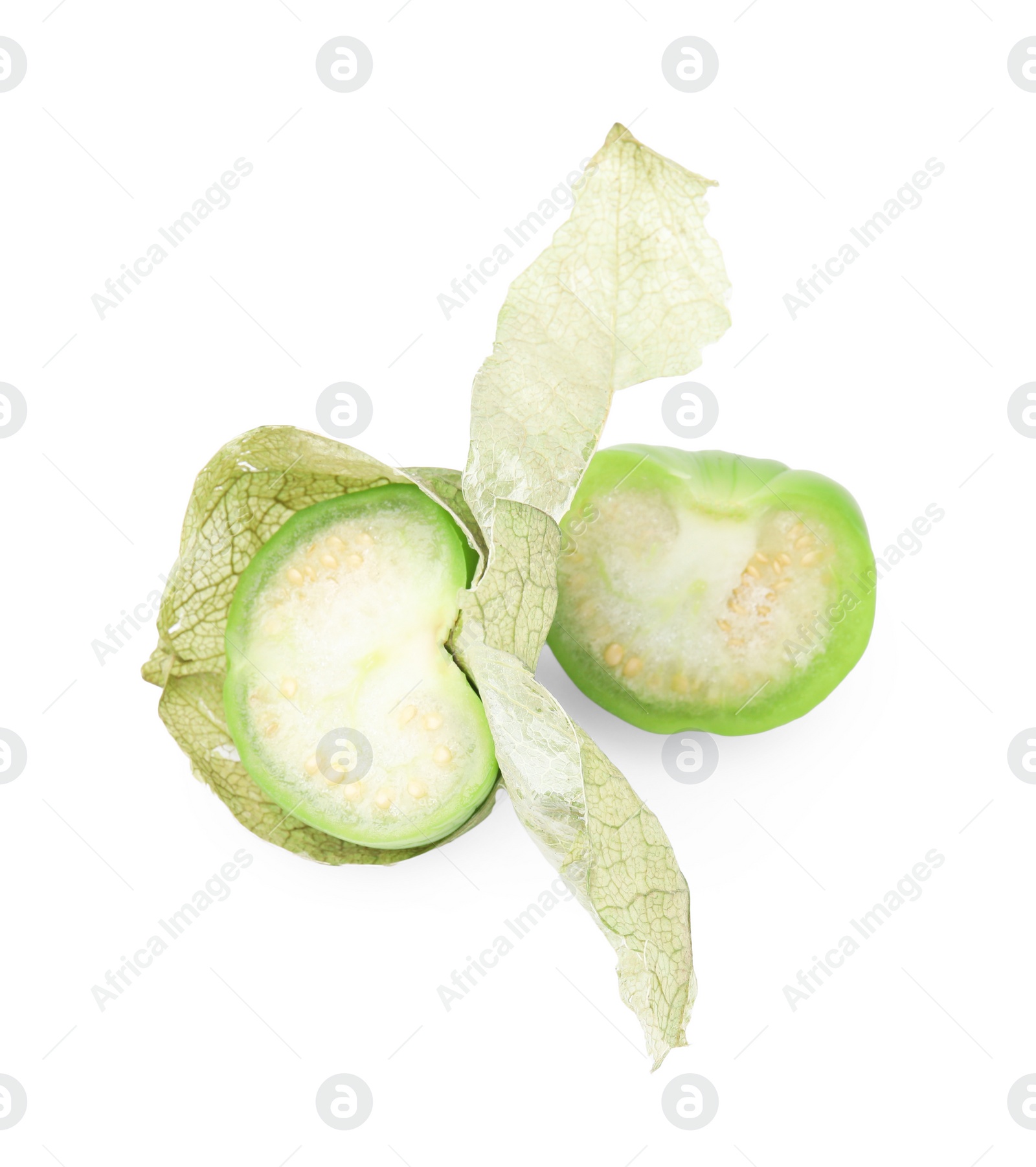 Photo of Fresh green tomatillos with husk isolated on white, top view