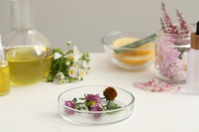 Photo of Developing cosmetic oil. Petri dish with flowers on white table