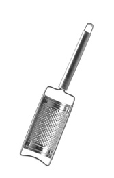 Photo of Stainless steel grater on white background. Kitchen utensils
