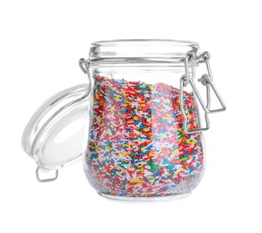 Photo of Colorful sprinkles in glass jar on white background. Confectionery decor