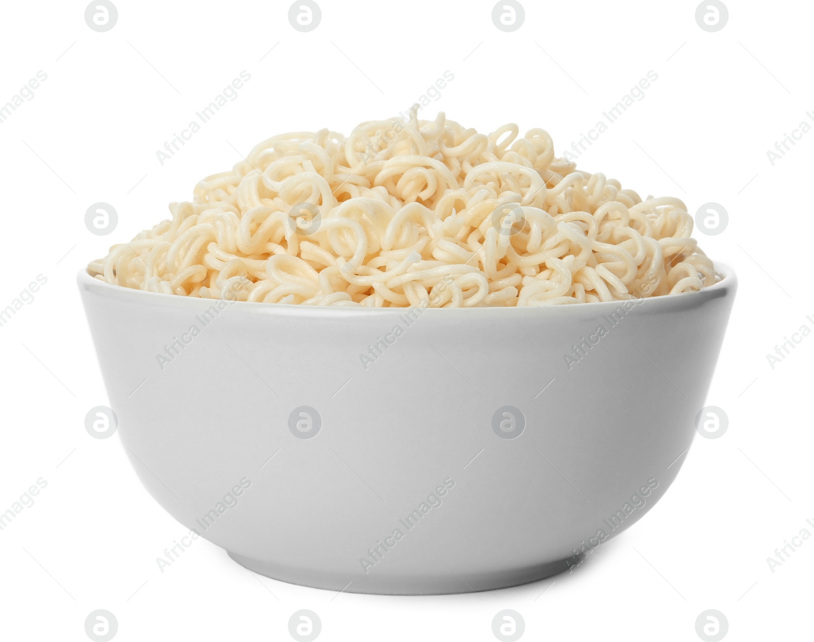 Photo of Tasty instant noodles in bowl isolated on white