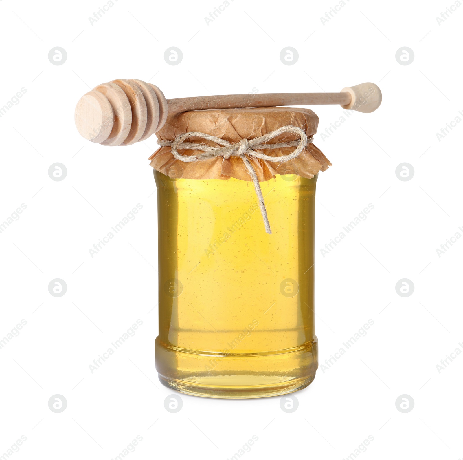 Photo of Tasty honey in glass jar and dipper isolated on white