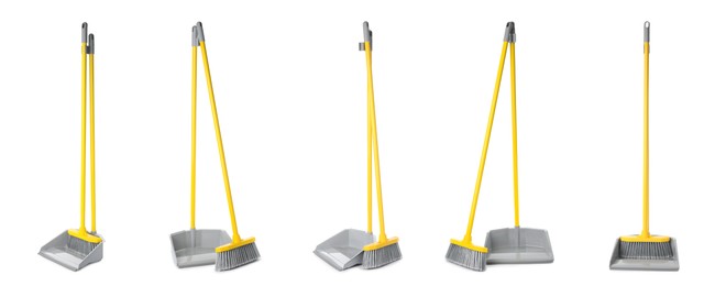 Image of Set with plastic brooms and dustpans on white background. Banner design