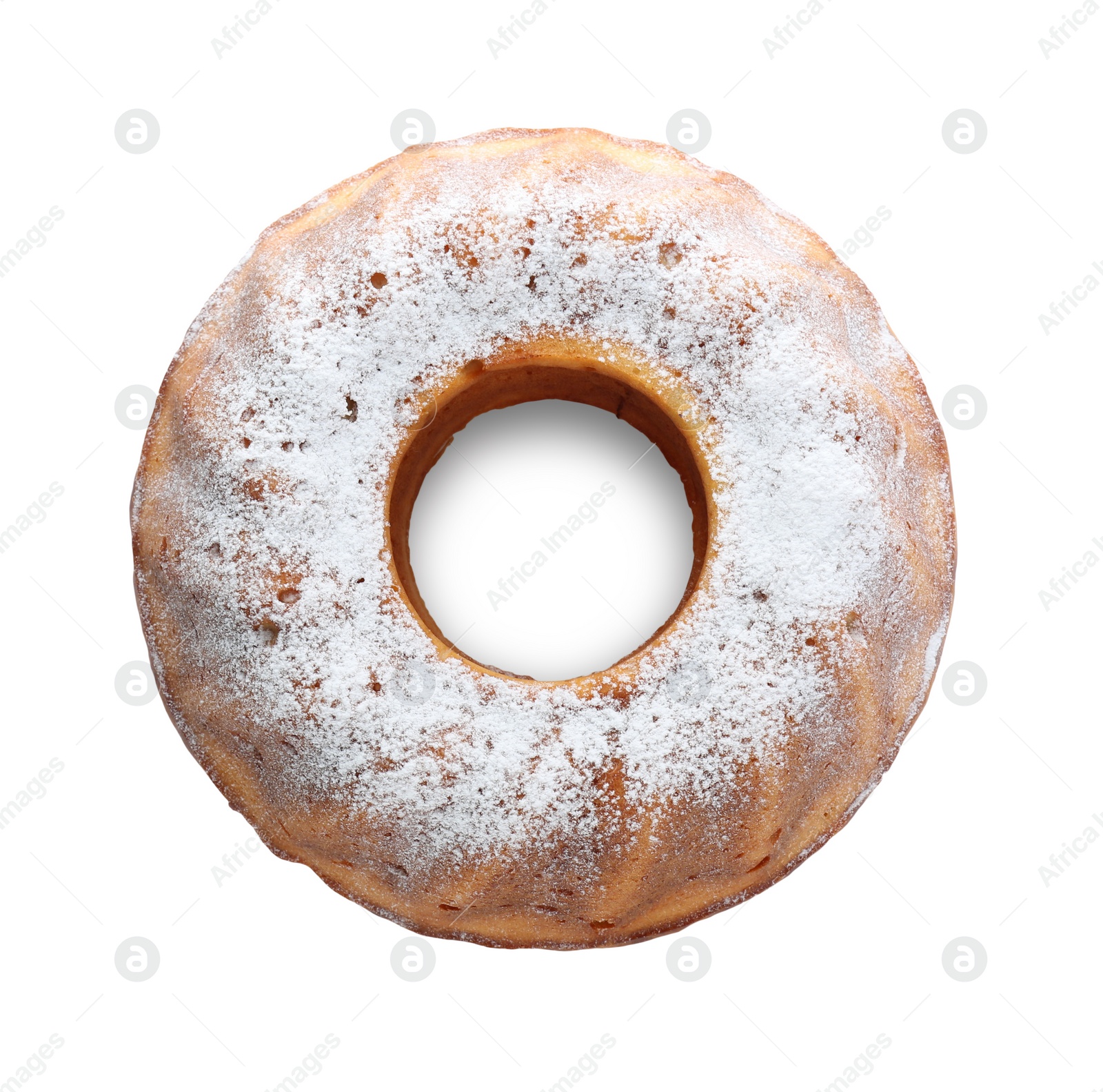 Photo of Homemade yogurt cake with powdered sugar on white background, top view