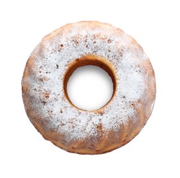 Homemade yogurt cake with powdered sugar on white background, top view