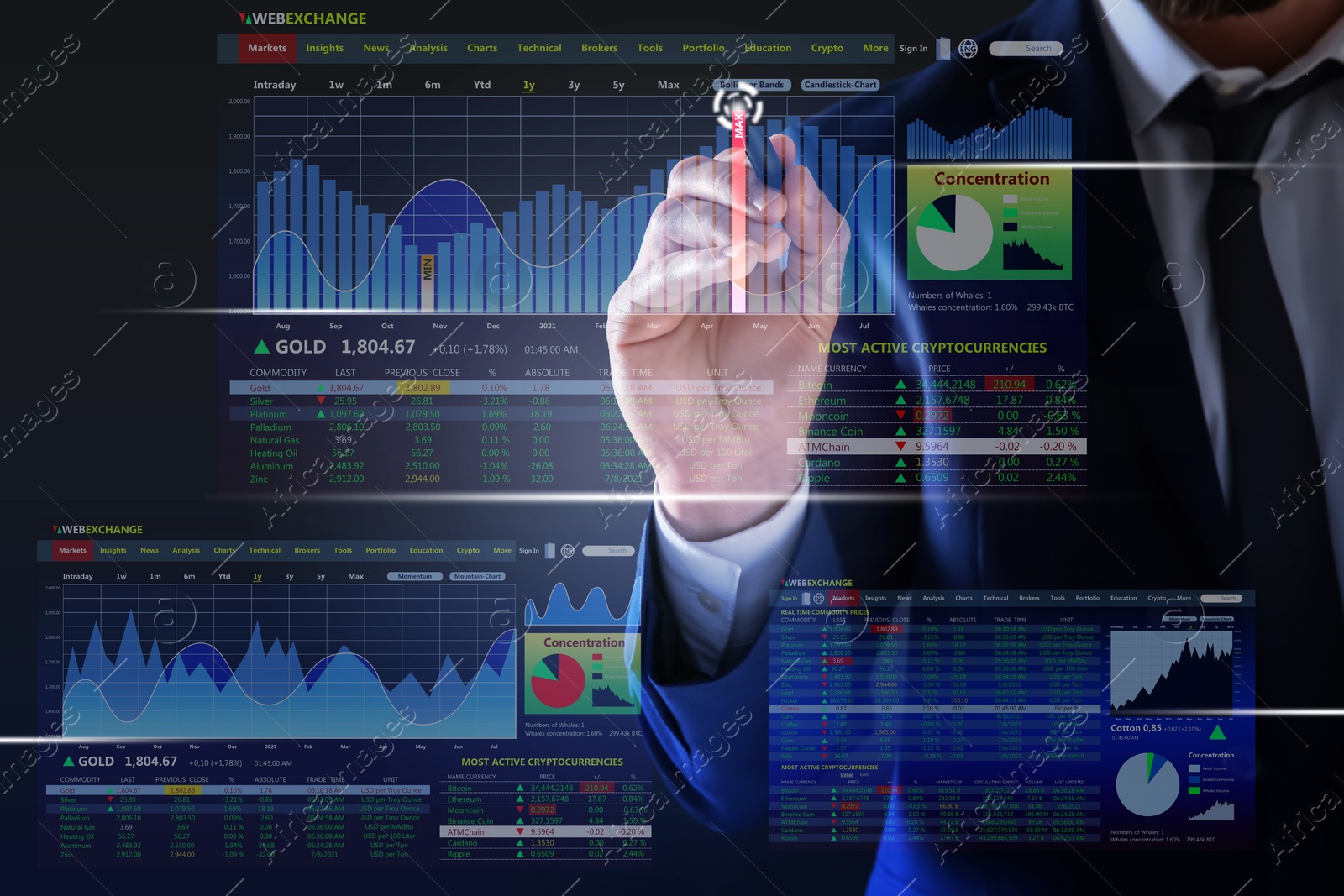 Image of Stock exchange. Businessman pointing at virtual screen electronic online trading platform, closeup