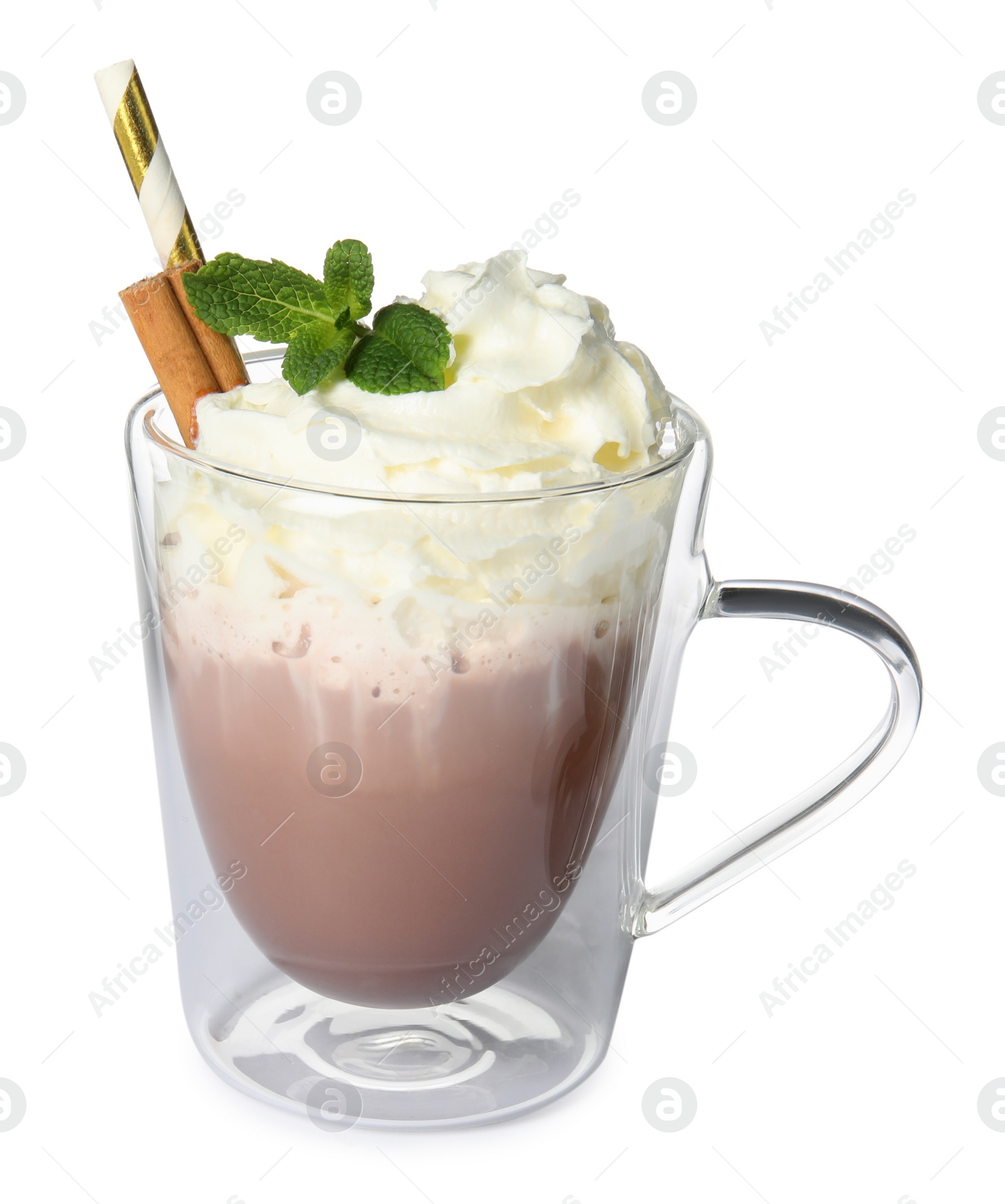 Photo of Glass cup of delicious hot chocolate with whipped cream and mint on white background