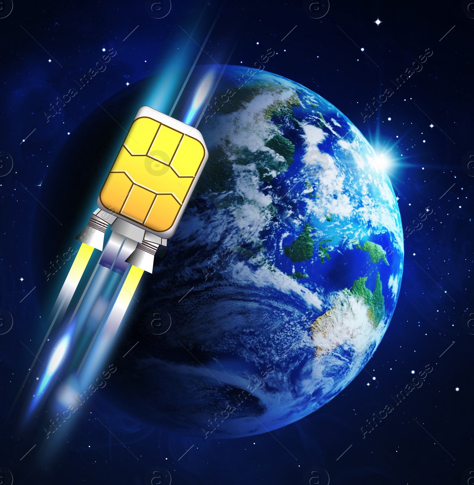 Image of Fast internet connection. SIM card rocket flying around planet in space