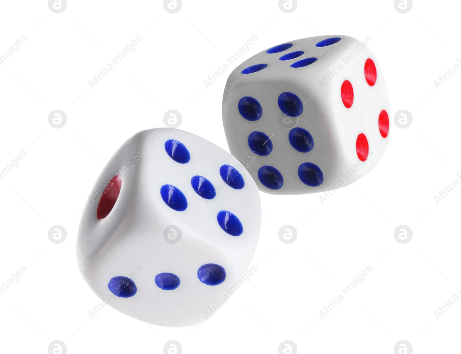 Image of Two dice in air on white background