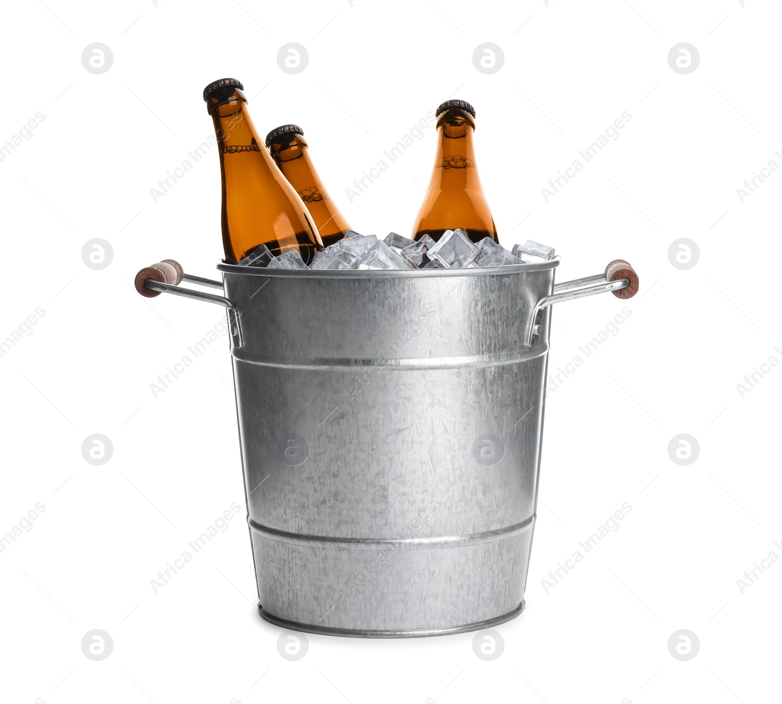 Photo of Metal bucket with bottles of beer and ice cubes isolated on white