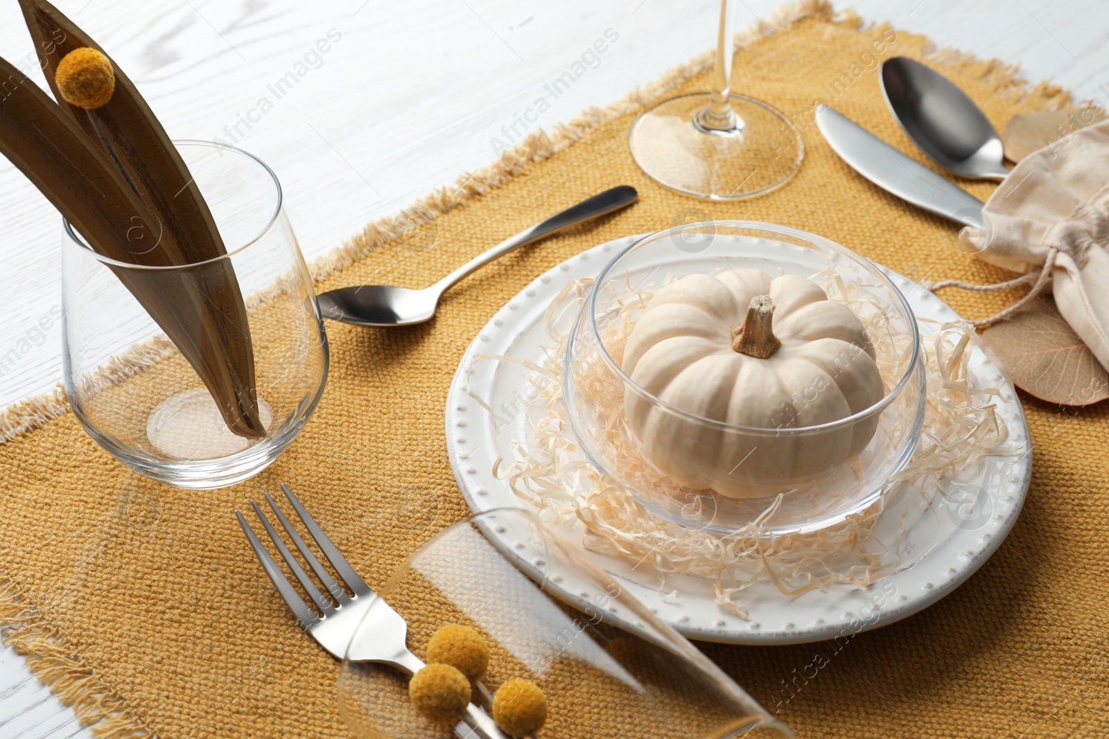 Photo of Autumn table setting with pumpkin on white background
