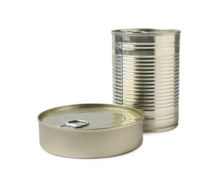 Photo of Closed tin cans isolated on white. Food preservation