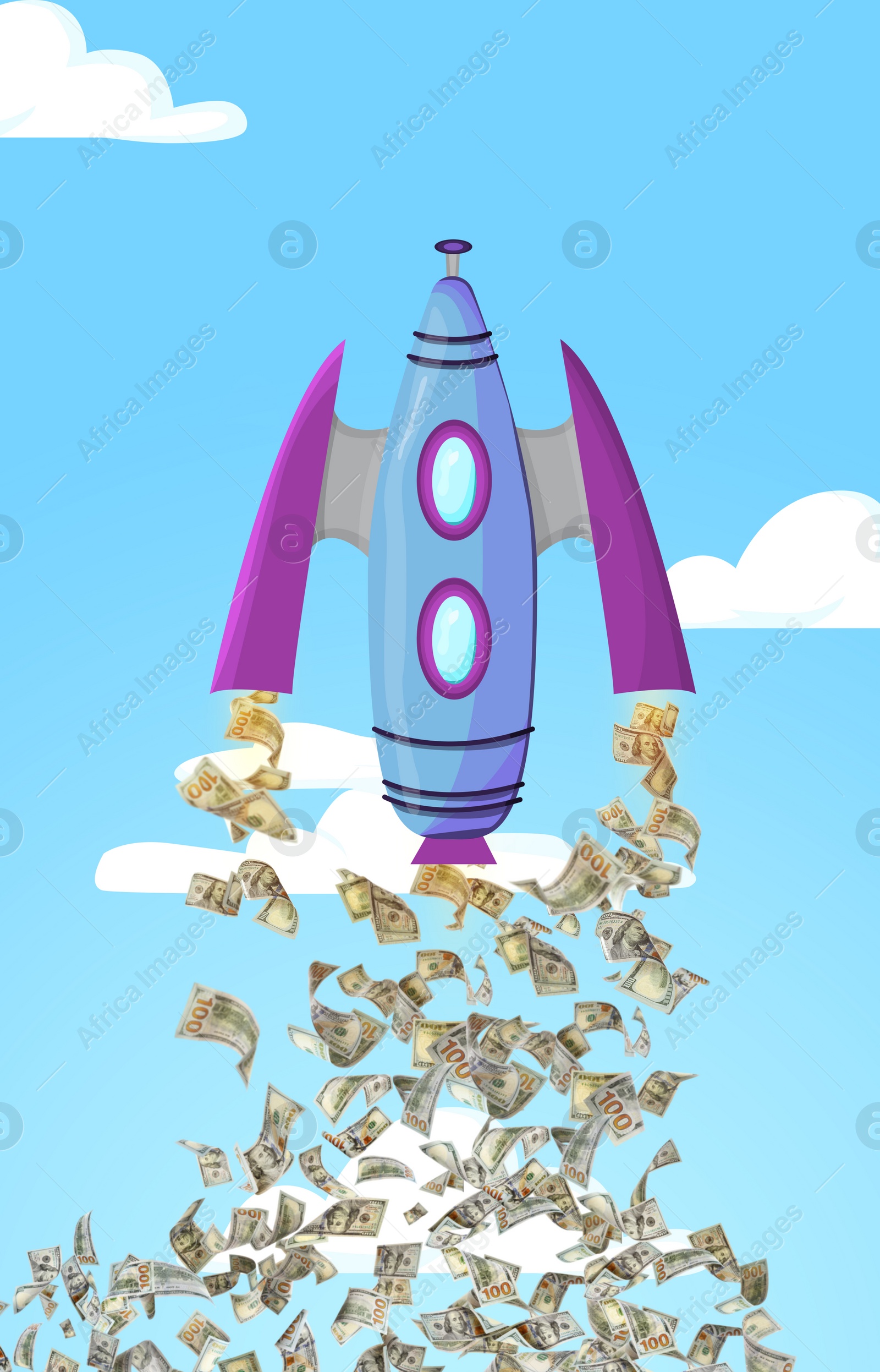 Image of Business startup. Money falling from flying rocket in blue sky, illustration