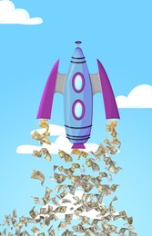 Business startup. Money falling from flying rocket in blue sky, illustration