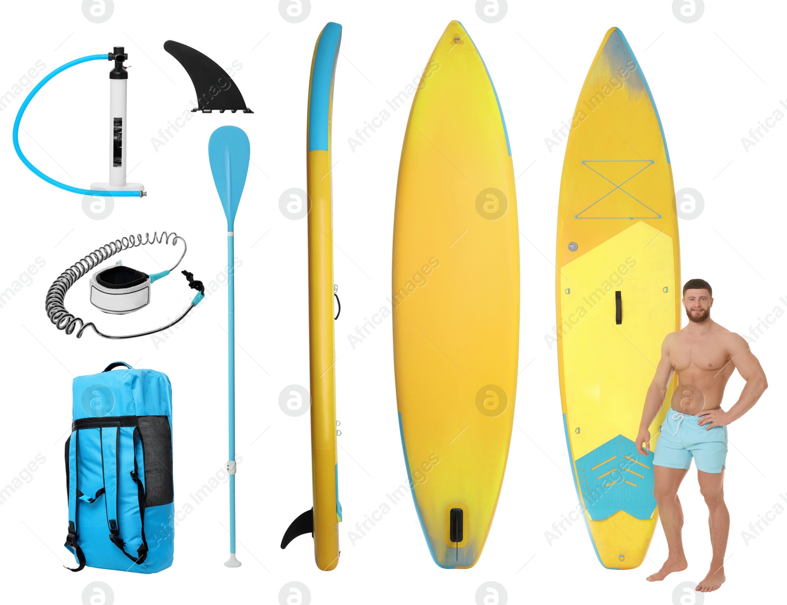 Image of Happy man with SUP board and different equipment for stand up paddle boarding isolated on white, set of photos