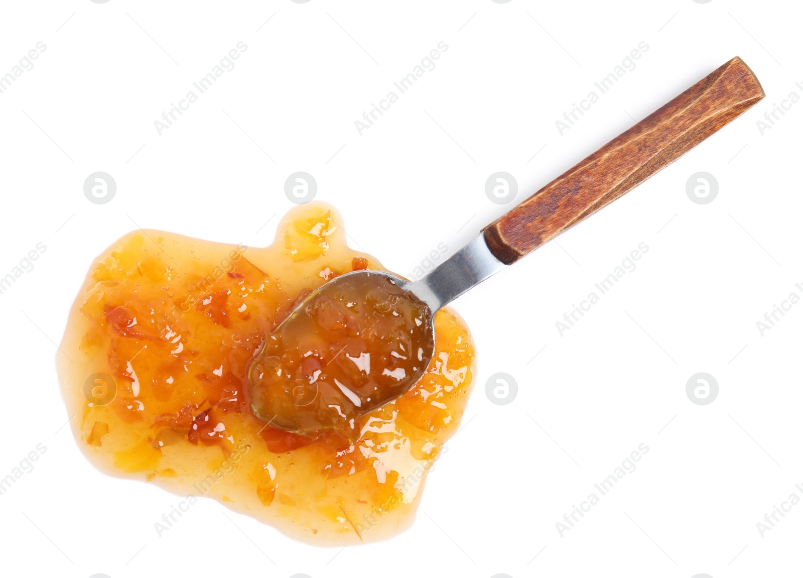 Photo of Spoon with delicious apple jam on white background, top view