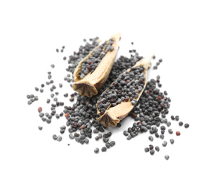 Dried poppyheads and seeds on white background