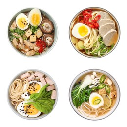 Set with bowls of delicious ramen with different ingredients isolated on white, top view. Noodle soup