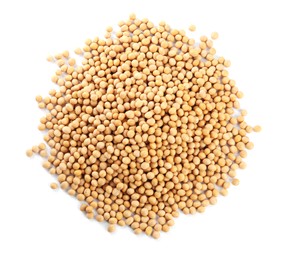 Photo of Heap of soya beans isolated on white, top view