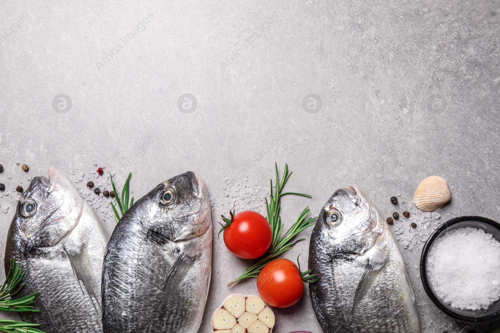 Photo of Flat lay composition with dorada fish on light grey table, space for text