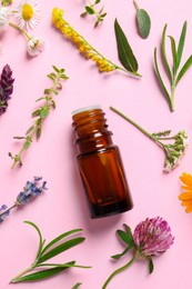 Photo of Bottle of essential oil, different herbs and flowers on pink background, flat lay
