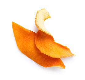 Photo of Dry orange peels on white background, top view