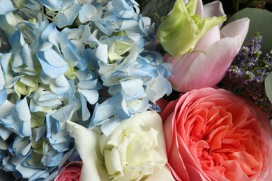 Photo of Beautiful bouquet of fresh flowers as background, closeup