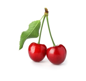 Sweet red cherries with leaf on white background