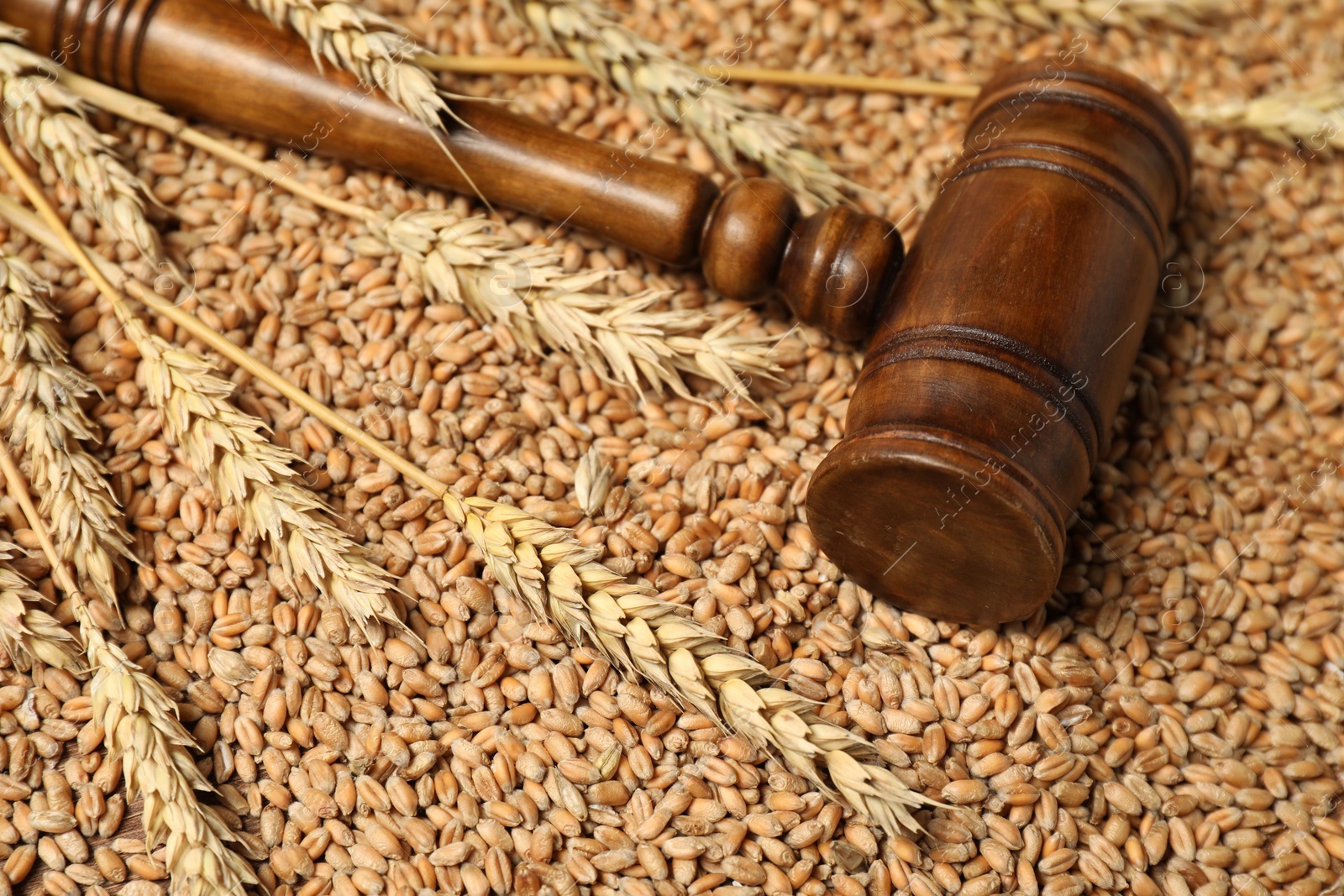 Photo of Wooden gavel and wheat ears on grains, closeup. Agricultural deal