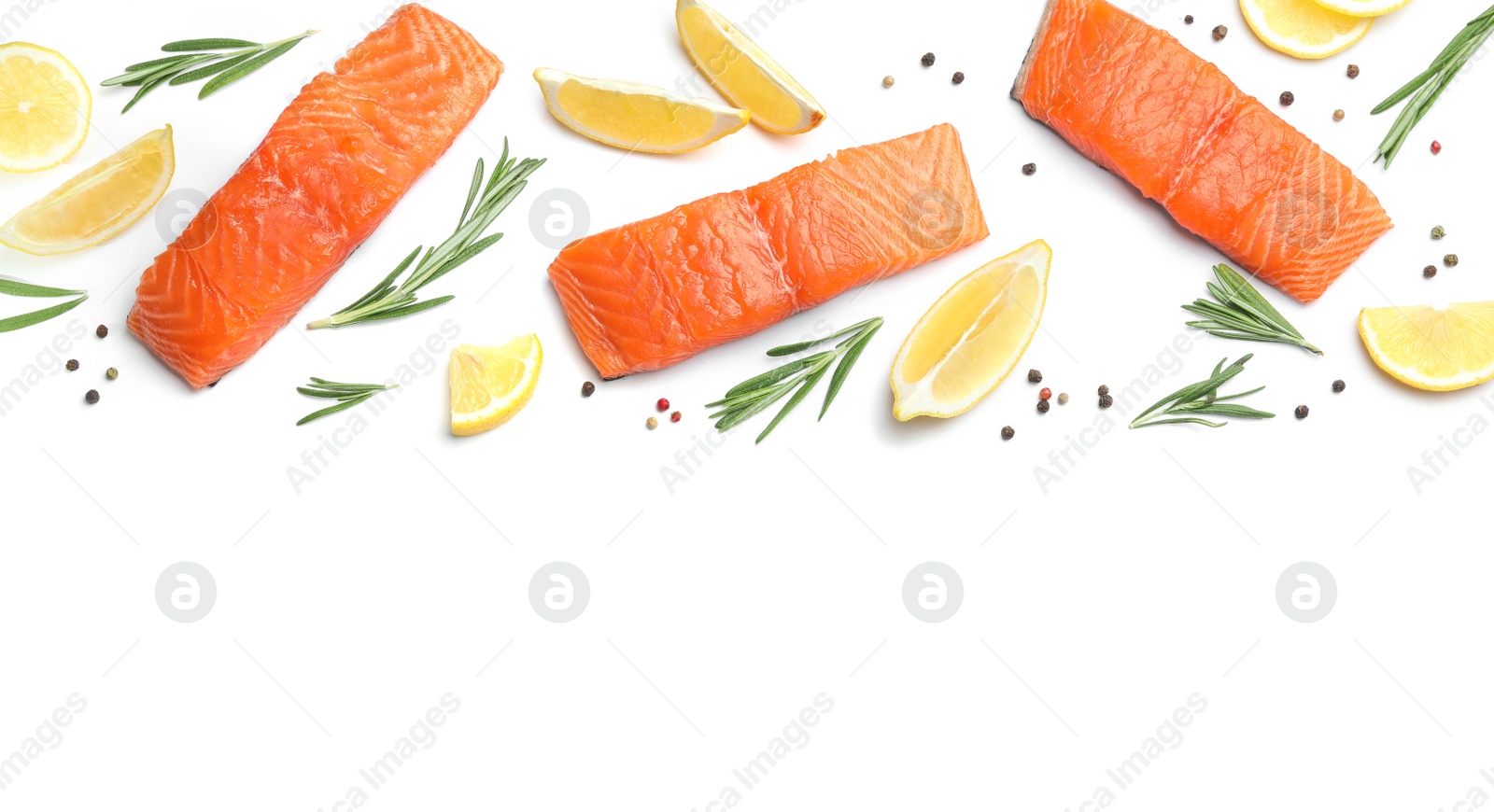 Photo of Fresh raw salmon fillets with rosemary and lemon on white background, top view