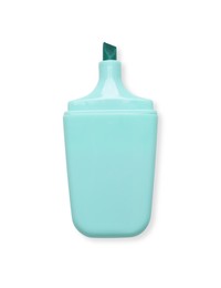 Photo of One turquoise marker on white background, top view
