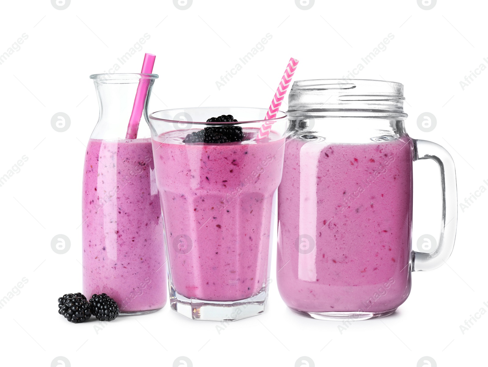 Image of Set of delicious blackberry smoothies on white background