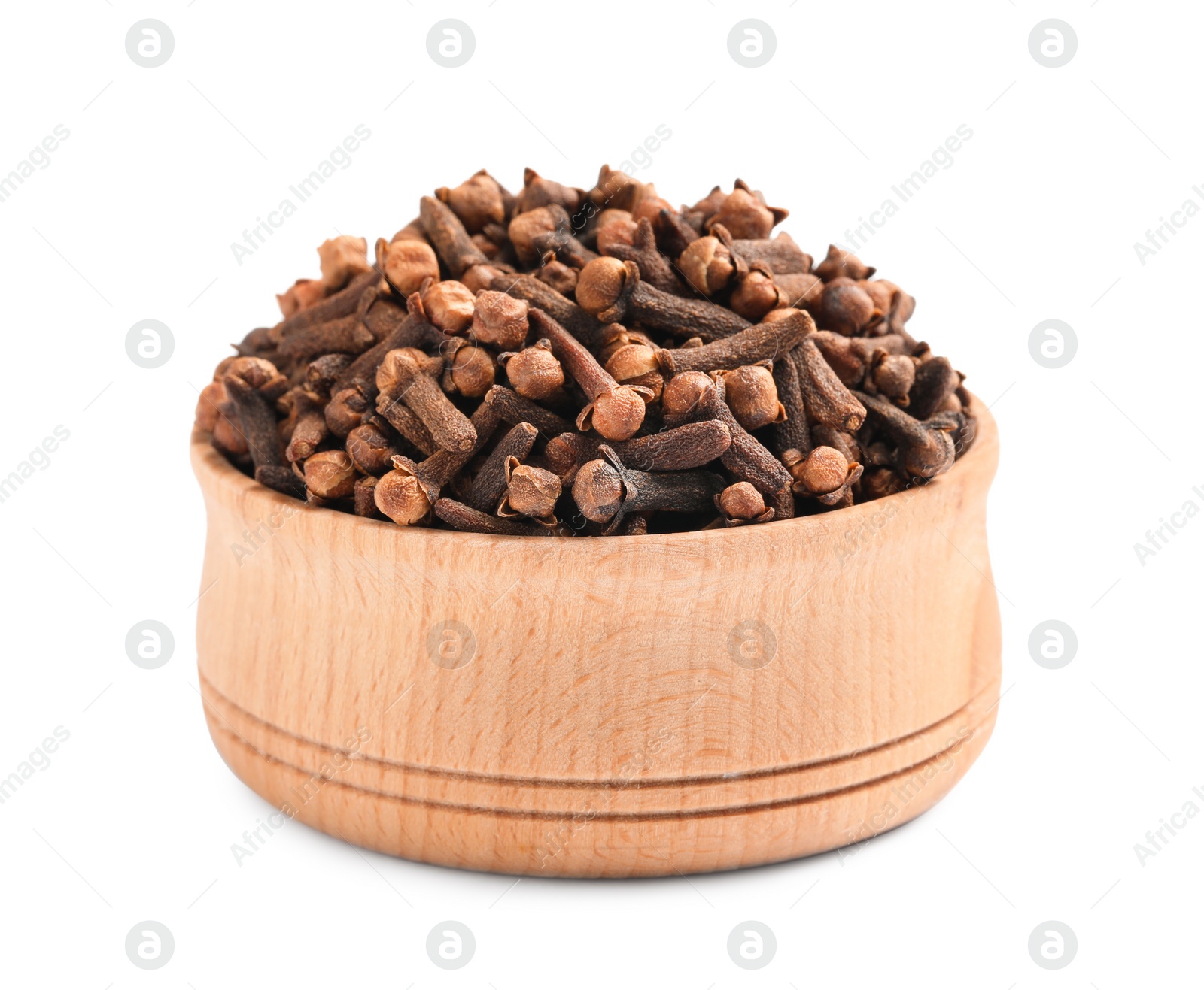 Photo of Aromatic dry cloves in wooden bowl isolated on white