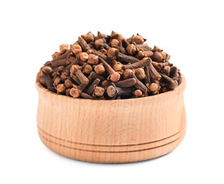 Photo of Aromatic dry cloves in wooden bowl isolated on white