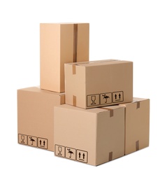 Parcel delivery. Cardboard boxes with different packaging symbols on white background  
