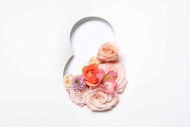 Photo of 8 March greeting card design with flowers, top view. Happy International Women's Day