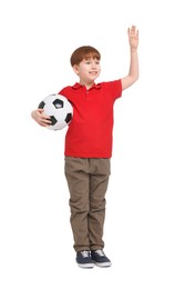 Little boy with soccer ball waving hand on white background