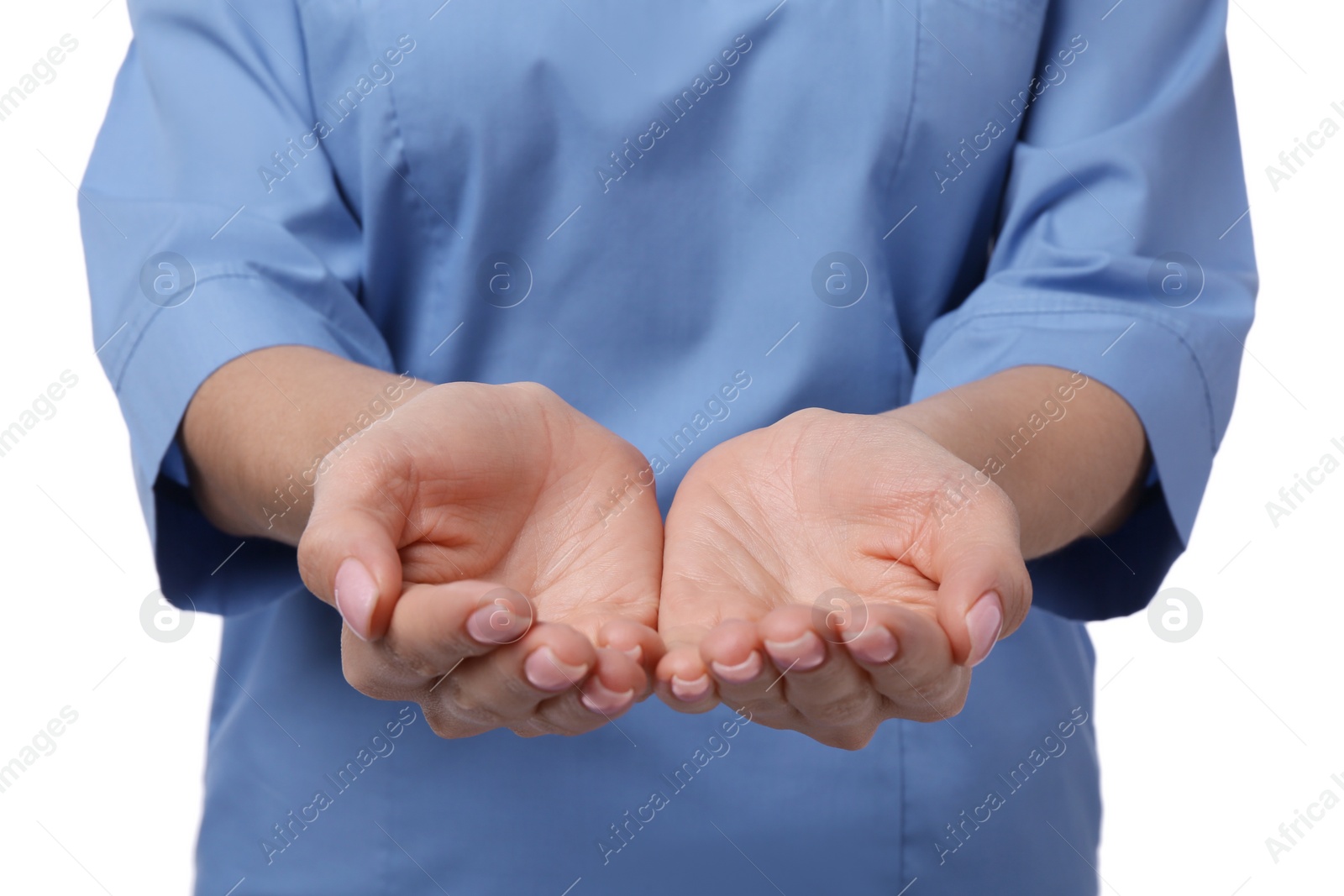 Photo of Doctor holding something on white background, closeup