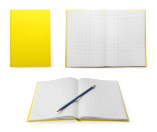 Image of Closed and open planners on white background, collage