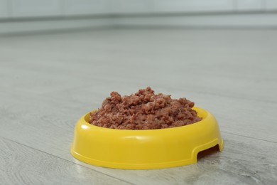 Wet pet food in feeding bowl on floor indoors