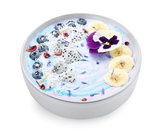 Delicious smoothie bowl with fresh fruits, blueberries and flower isolated on white