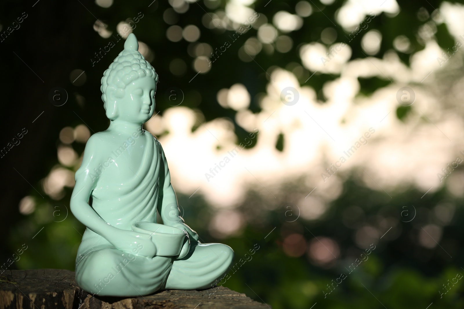 Photo of Decorative Buddha statue on stump outdoors in evening, space for text