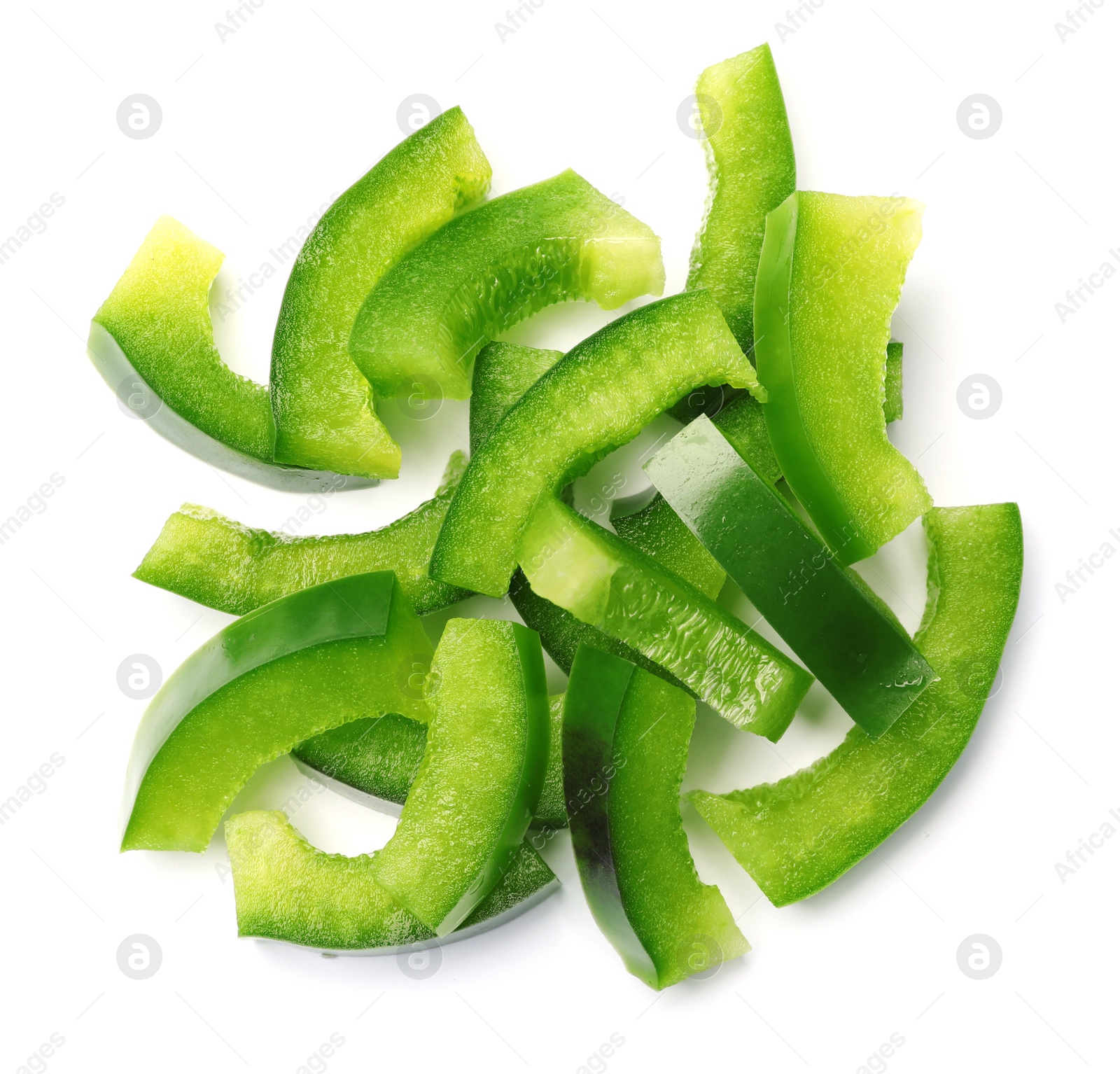 Photo of Pile of green bell pepper slices on white background, top view