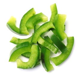 Pile of green bell pepper slices on white background, top view