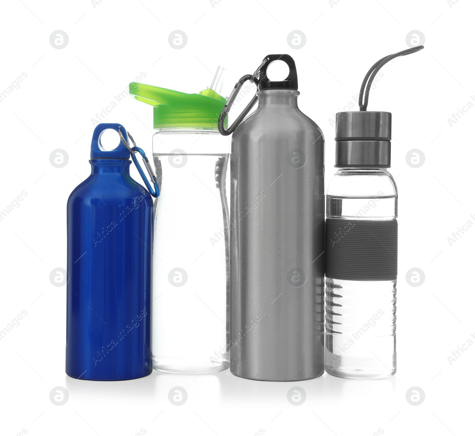 Photo of Different water bottles for sports on white background