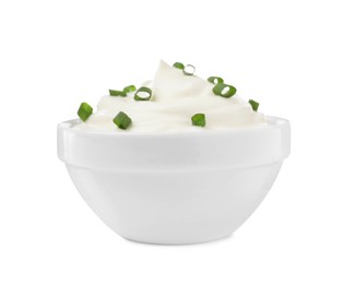 Photo of Delicious sour cream with onion in bowl on white background