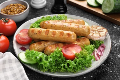 Photo of Delicious grilled vegan sausages with fresh herbs and vegetables on grey table