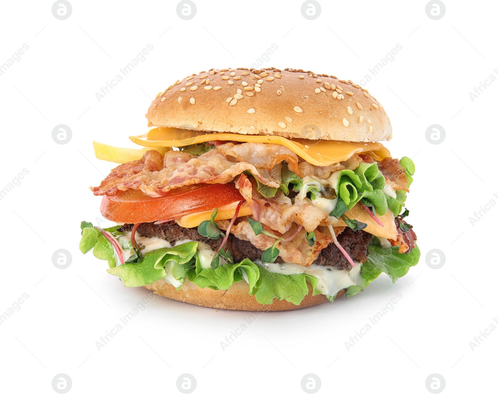 Photo of Tasty burger with bacon isolated on white