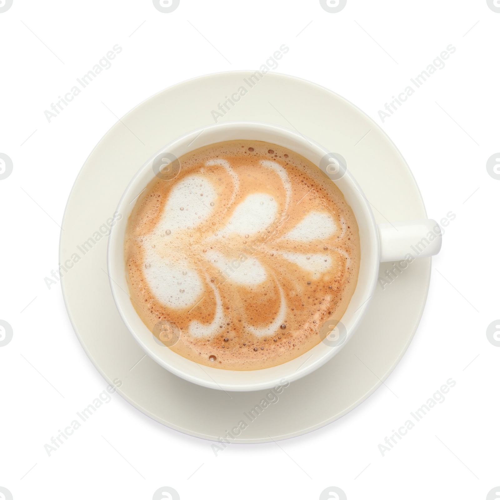 Photo of Cup of tasty coffee isolated on white, top view